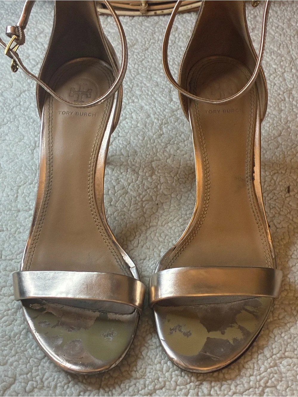 Tory Burch Metallic Gold Ankle Strap Heels Sandals Size 8M Leather Sole